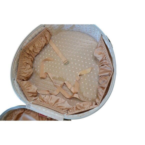 Vintage 60s Samsonite Hat Box Round Luggage Train Case Cream Travel Peach Satin - Picture 14 of 16